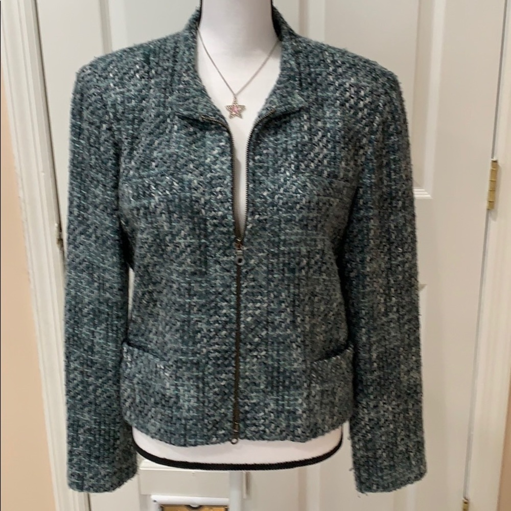Alfani blue green tweed zip up blazer jacket sz 12